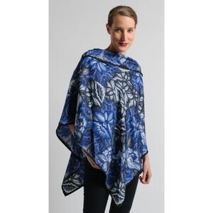 PINEDA COVALIN Poncho Spectacular Silk Vibrant Style Blue Black Floral MSRP $550